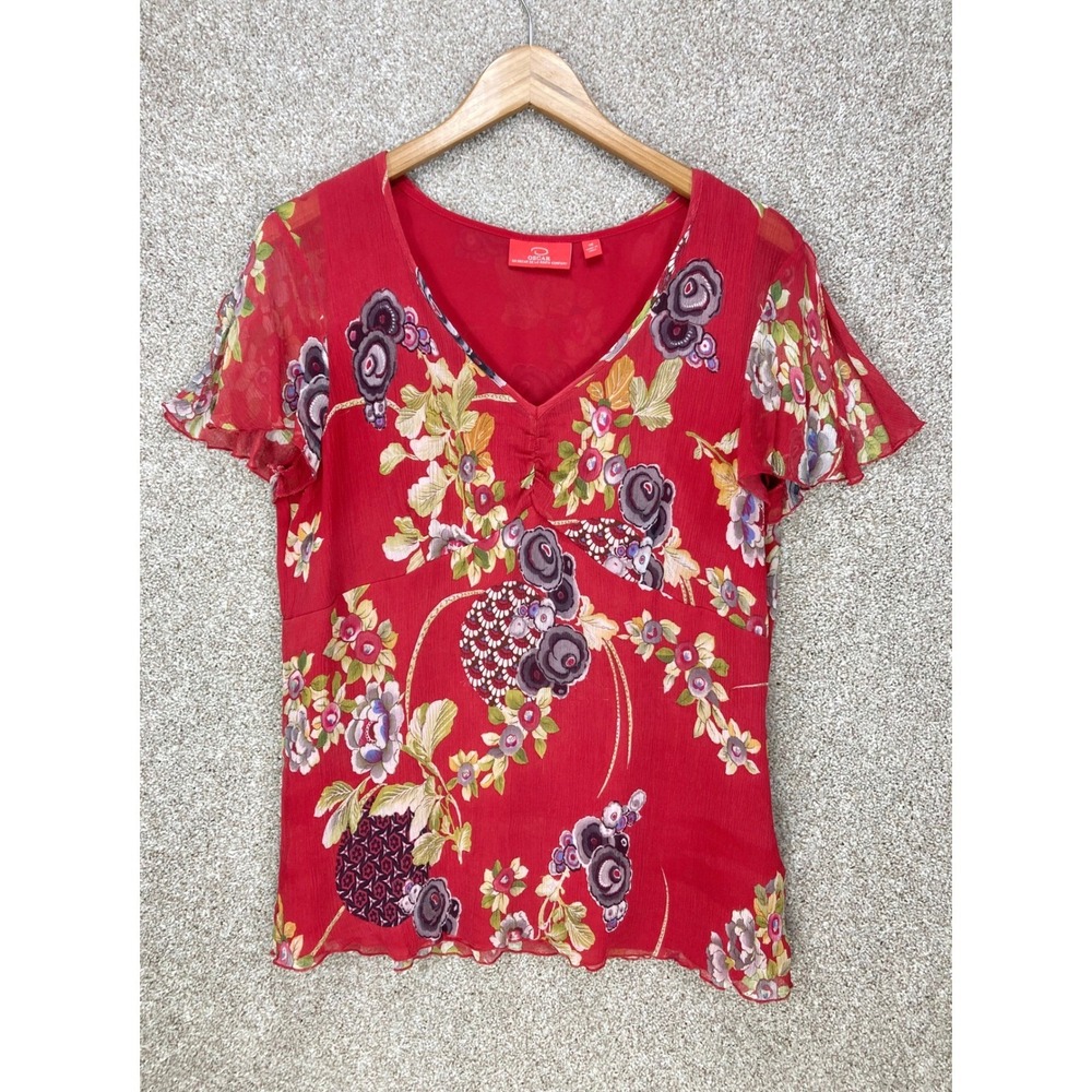 Oscar de la Renta Floral Silk Blouse Women 16 Red Flutter Sleeve Whimsigoth Chic
